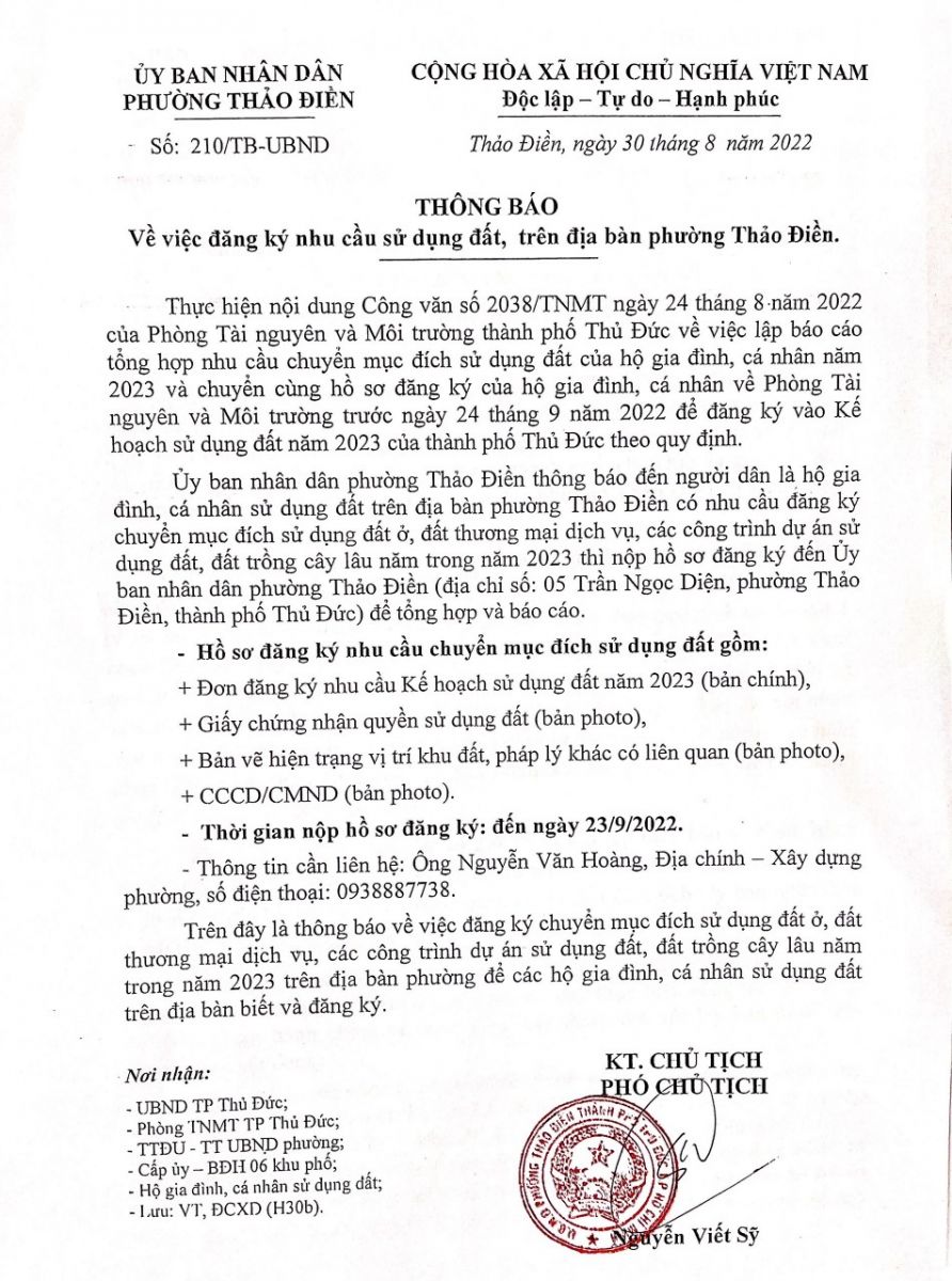 Đăng ký chuyển mục đích sử dụng đất năm 2023 vào tháng 9 năm 2022 tại phường Thảo Điền thành phố Thủ Đức